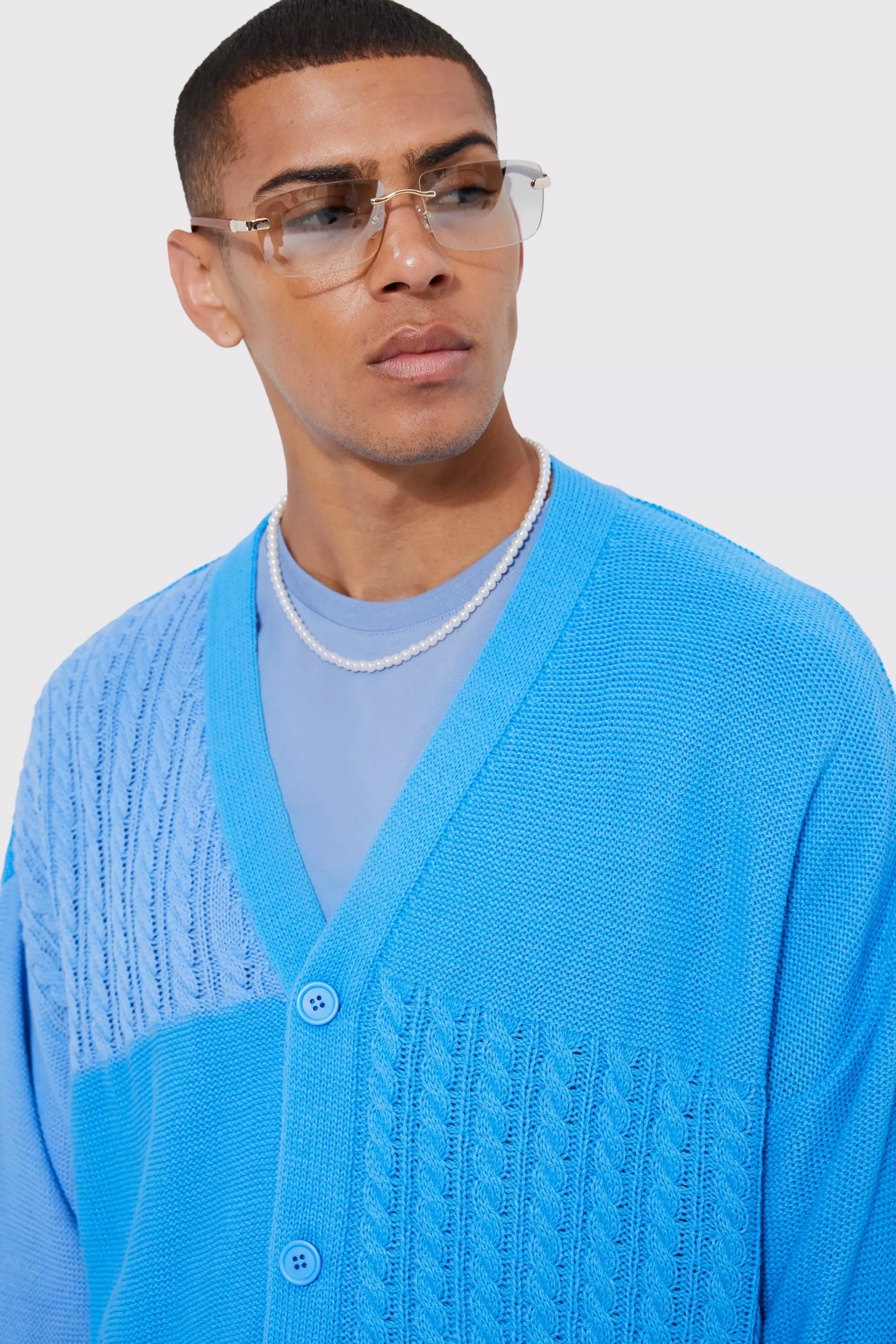 Boxy Fit Patchwork Knitted Cardigan | boohooMAN USA